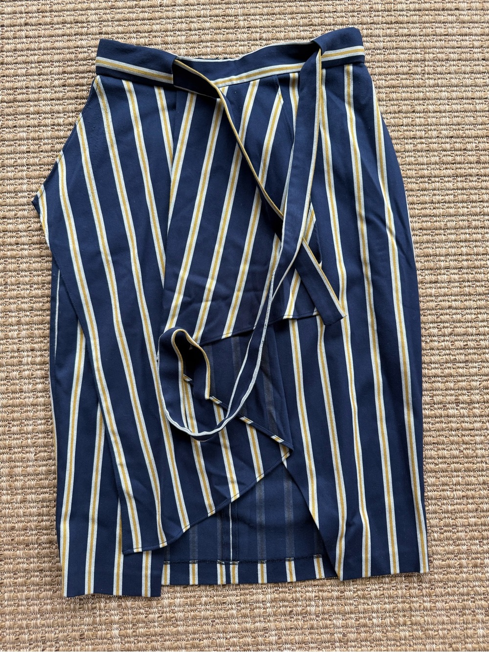 BCBGMAXAZRIA Navy Striped Wrap Skirt with Yellow & White Stripes